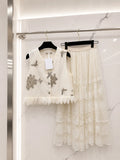 2026 Women Two Piece Set Sleeveless Vest Midi Skirt Butterfly Floral Embroidery Metal Buttons Chiffon Trim Lace Bottoms
