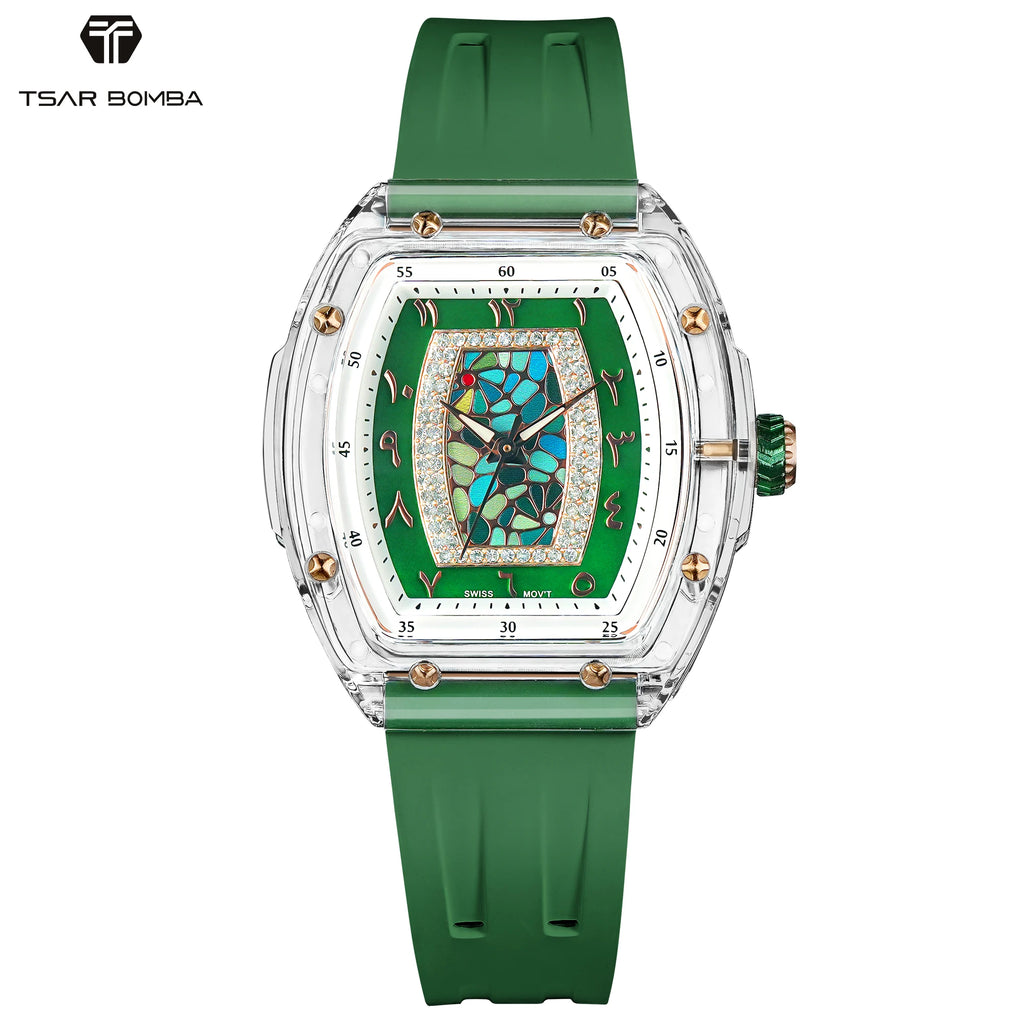 TSAR BOMBA Women’s Quartz Watch, Swiss Movement, Transparent Case, Zircon Dial, Comfortable Strap, Elegant Fashion Wristwatch