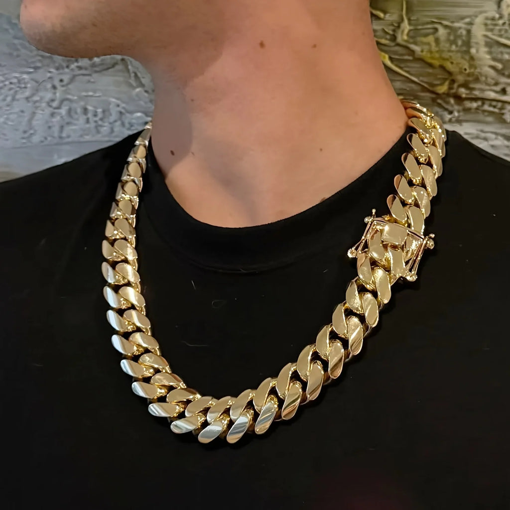 A Heavy Chain Necklace, Street Gang Cuban Style, Men'S 14K Gold Plated-Plated Necklace, 14Mm Wide And Thick, Trendy Hip-Hop Necklace, Perfect for Everyday Wear And an Excellent Gift Choice