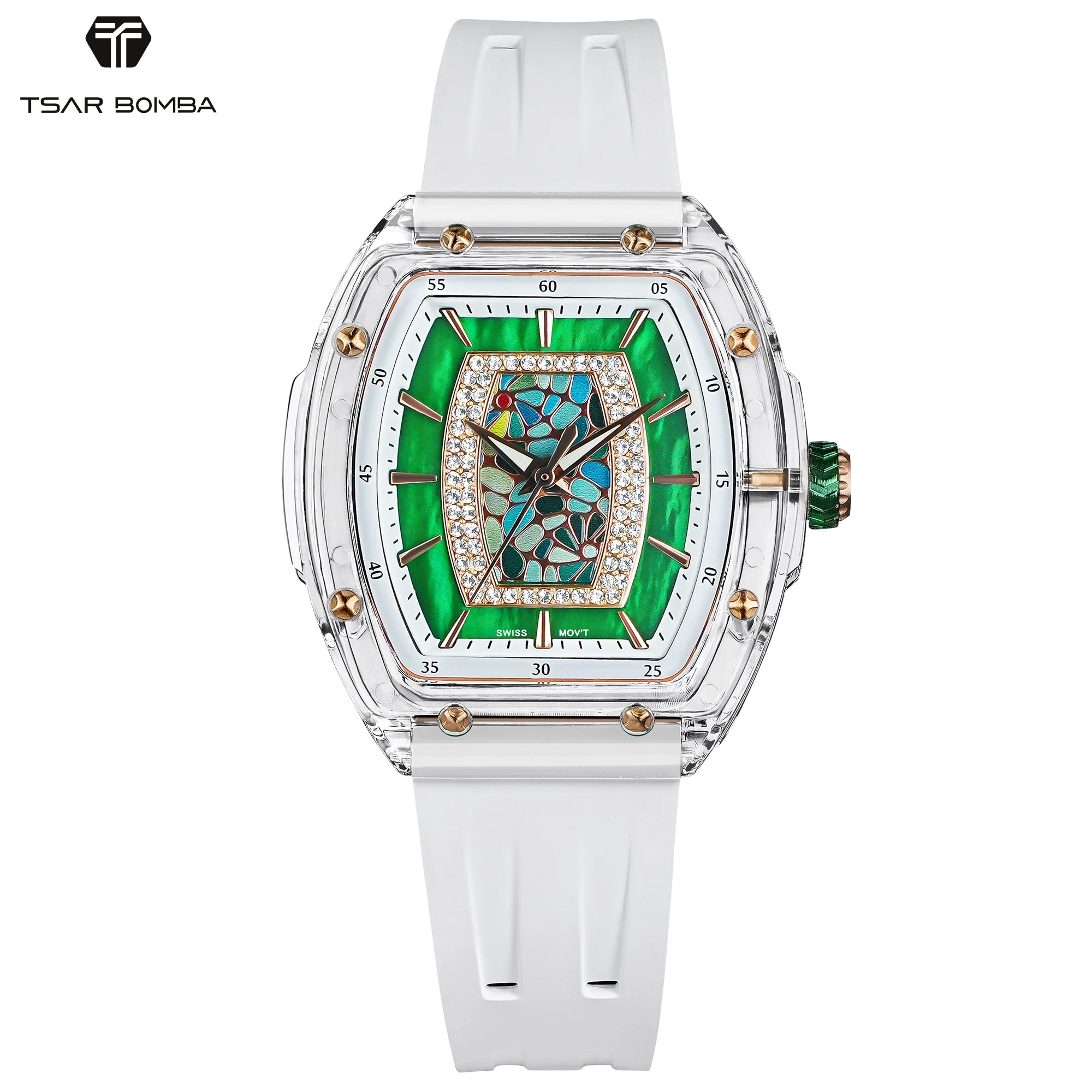TSAR BOMBA Women’s Quartz Watch, Swiss Movement, Transparent Case, Zircon Dial, Comfortable Strap, Elegant Fashion Wristwatch