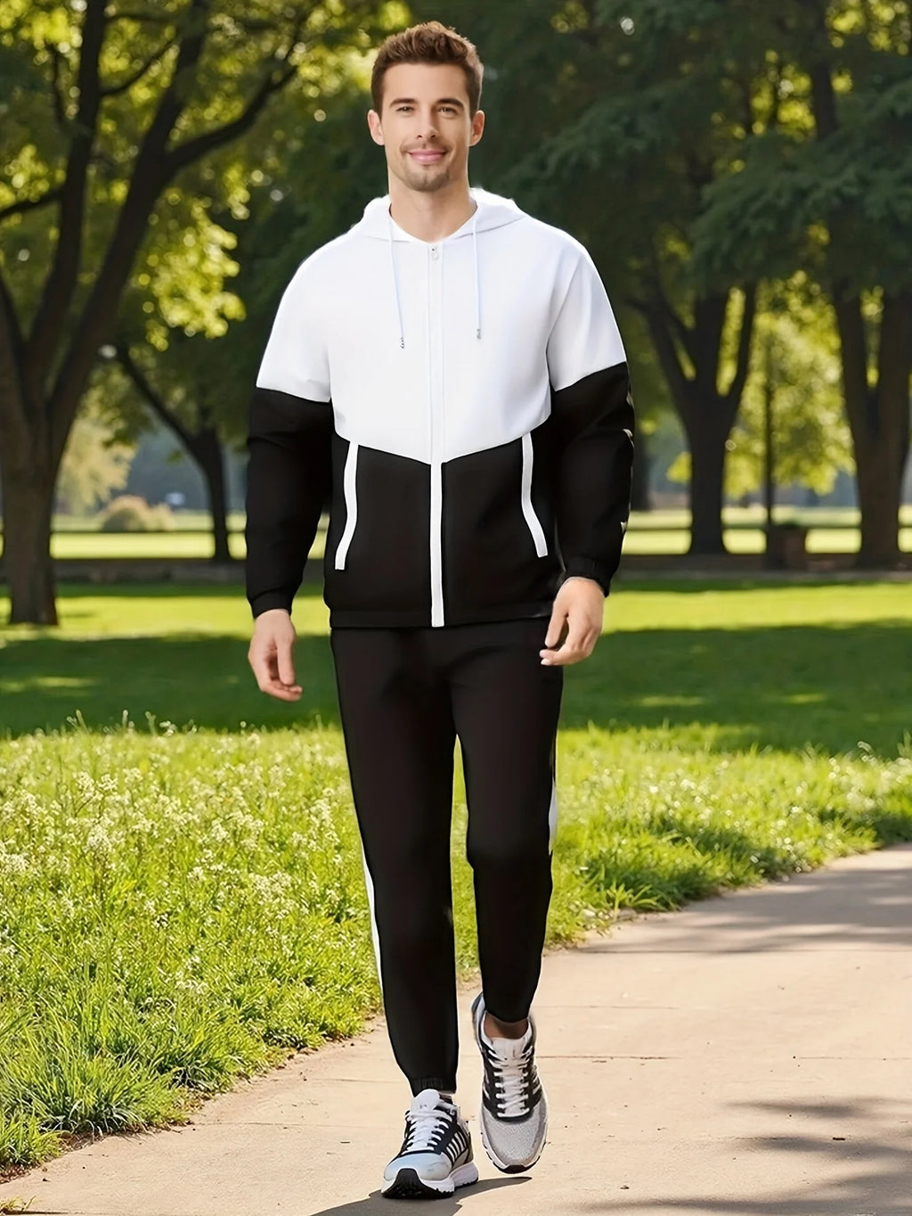 4-piece men's sportswear, stylish two tone hooded jacket and jogging pants with pockets, long sleeves, and drawstring