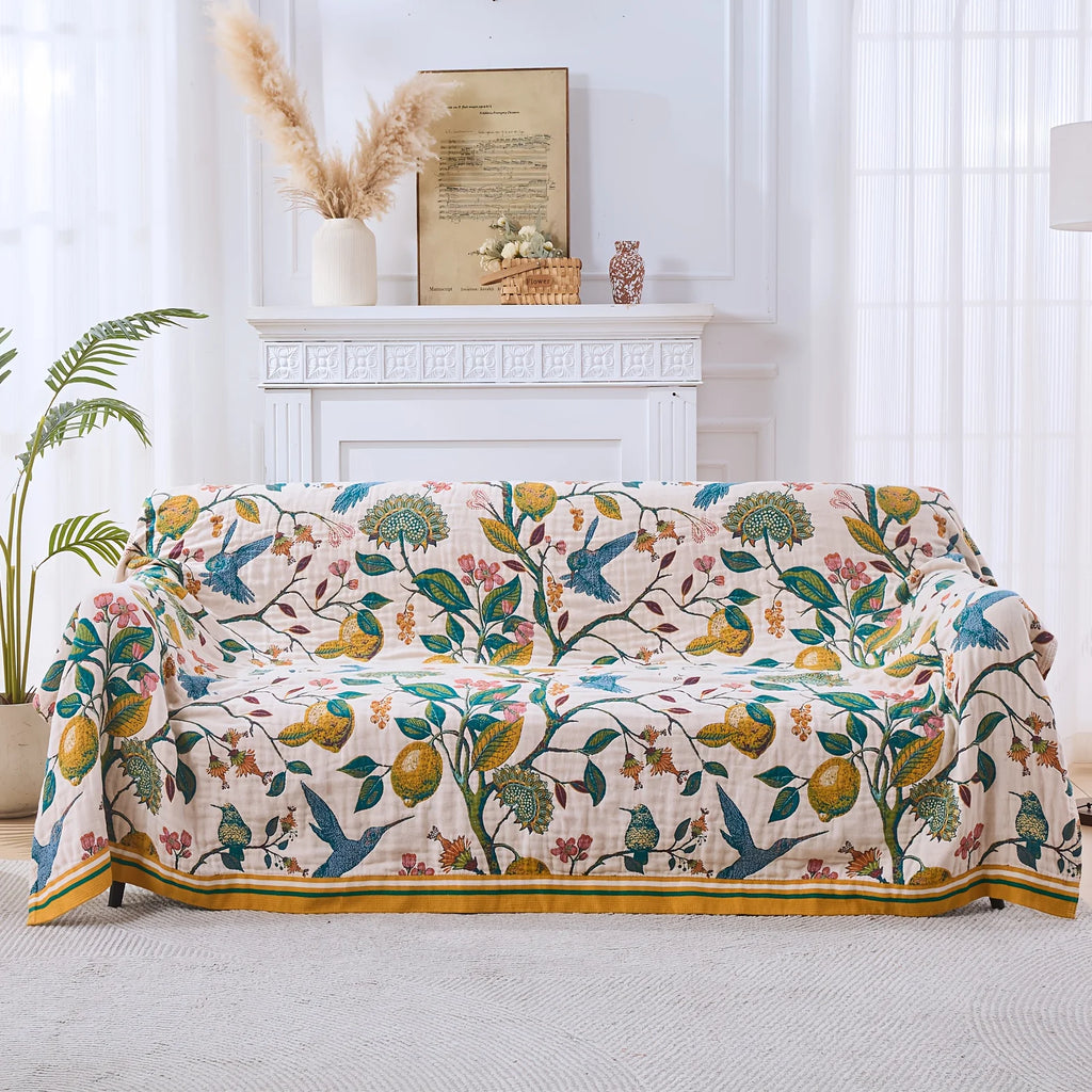 Boho Throw Blanket, 100% Cotton Soft Luxury Throw Rustic Quilt, Floral Printed Farmhouse Decor Bed Summer Blankets, All Season Rustic Reversible Bohemian Throw for Bed - Lemon