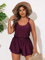 Plus Size One Piece Romper Swimsuit Adjustable Straps Pocket Shorts Tummy Control Women Conservative Burgundy Bathing Suit Beach Swimwear