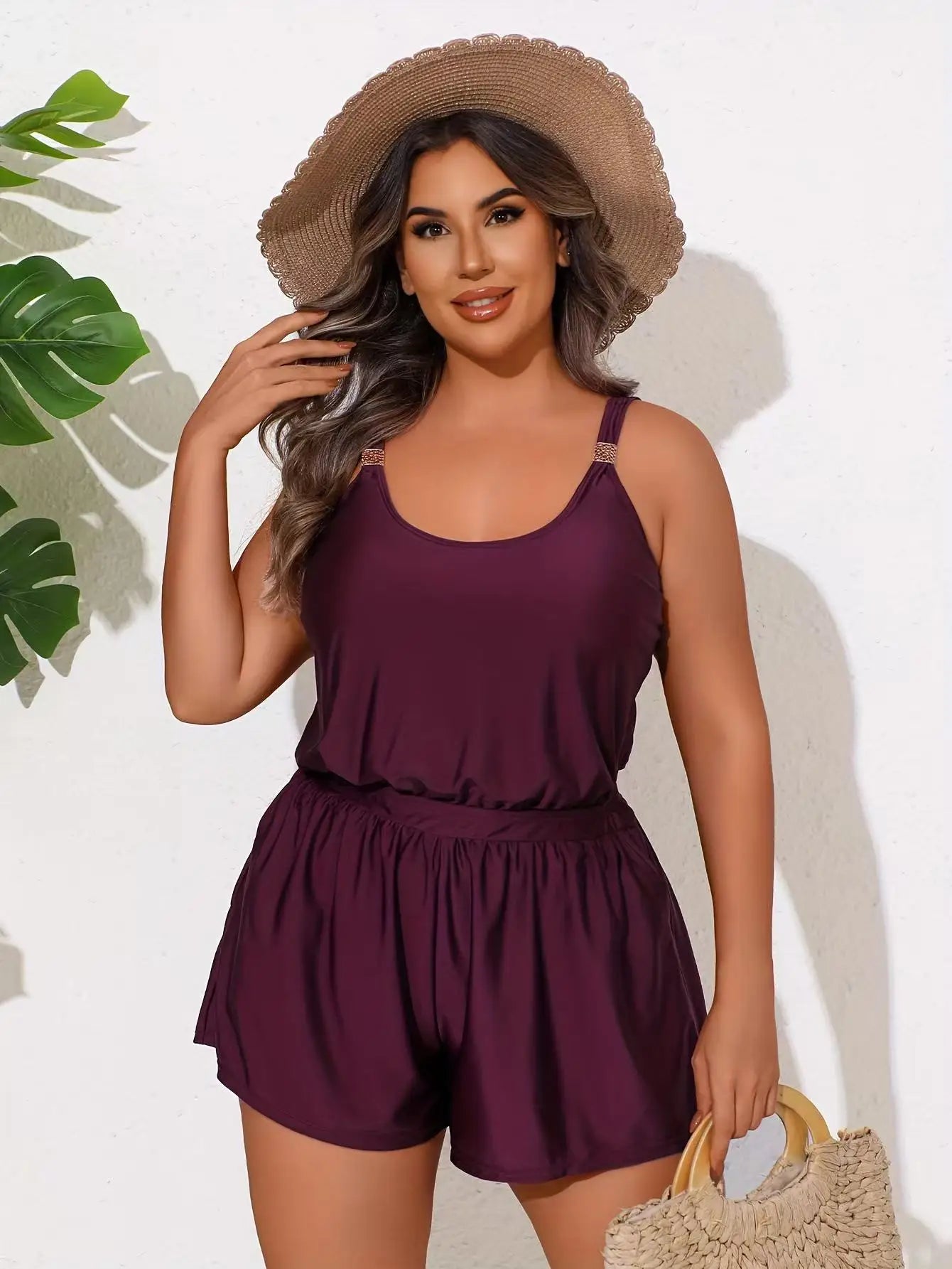 Plus Size One Piece Romper Swimsuit Adjustable Straps Pocket Shorts Tummy Control Women Conservative Burgundy Bathing Suit Beach Swimwear