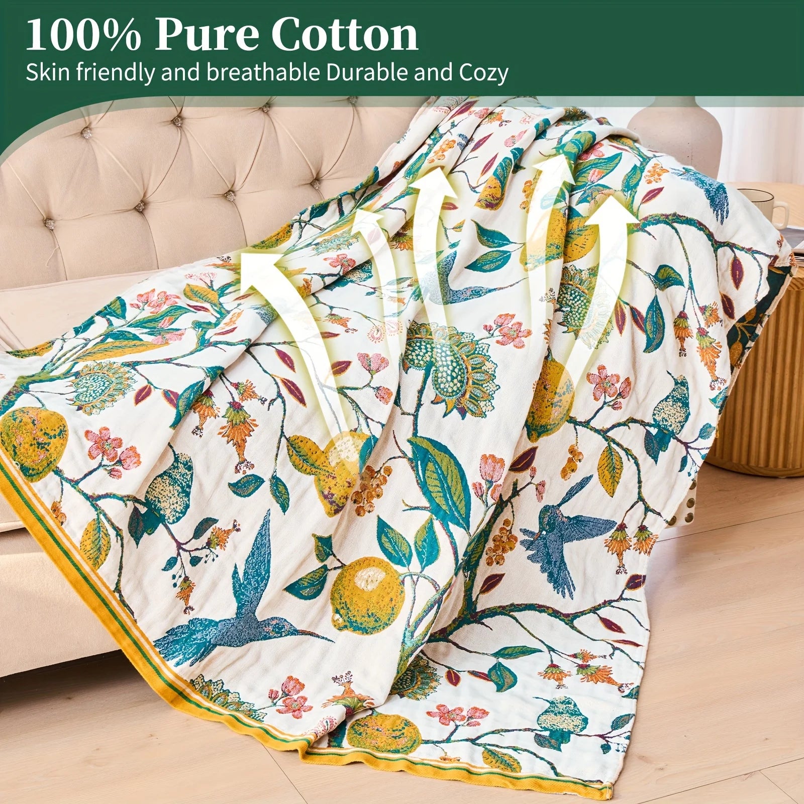 Boho Throw Blanket, 100% Cotton Soft Luxury Throw Rustic Quilt, Floral Printed Farmhouse Decor Bed Summer Blankets, All Season Rustic Reversible Bohemian Throw for Bed - Lemon