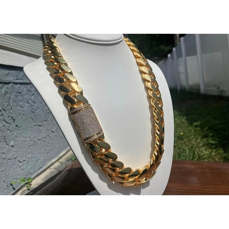 Men'S Heavy Duty 15Mm Miami Cuban Chain - 18K Gold Plated, Mossanite Box Clasp, Link Cuban Link, Hip Hop Jewelry Gift for Valentine'S Day, St. Patrick'S, Ramadan, Carnival