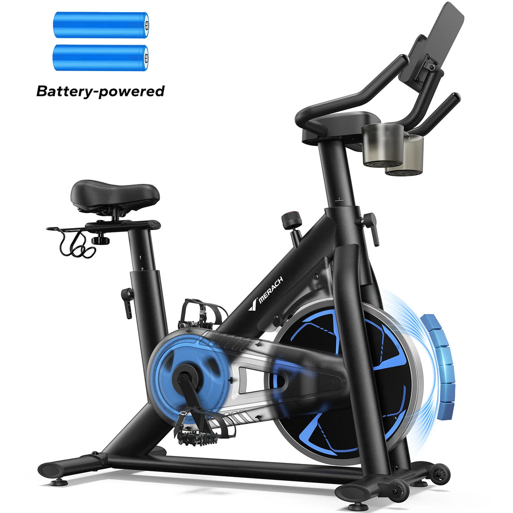 Merach Magnetic Exercise Bike No Plug Needed Low Noise Stationary with Comfortable Seat Cushion Spinning Bike 330 lb Weight Capacity Exclusive App Tablet Mount and Fitness Courses for Home Indoor for Weight Loss Gym Cardio