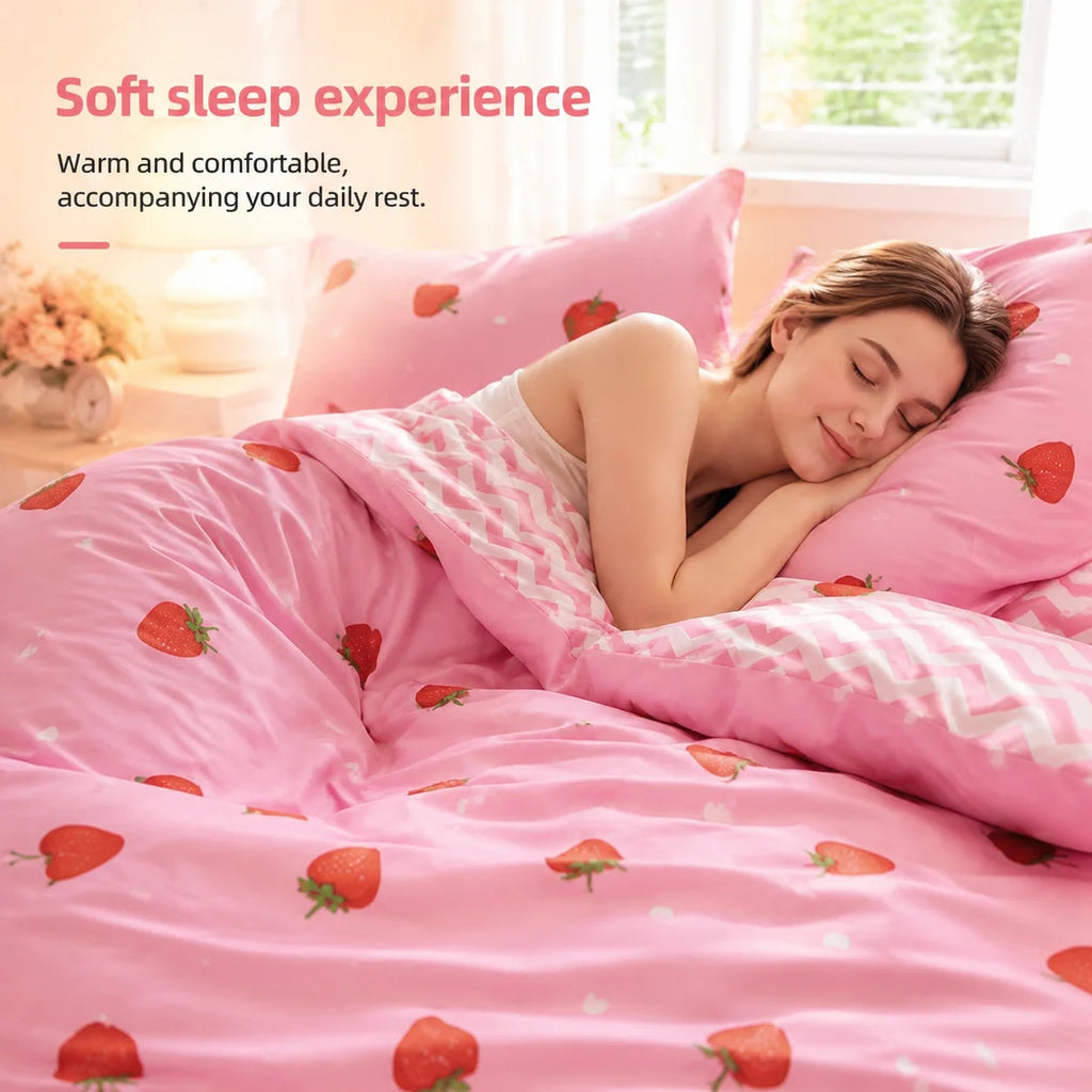 This Pink Strawberry Pattern Duvet Cover Set Is Soft, Comfortable, and Skin-Friendly A Cute and Adorable Bedding Set Suitable for Girls, Children, and Teenagers. The Soft Bedspread Includes Pillowcases. Available in Twin, Ful