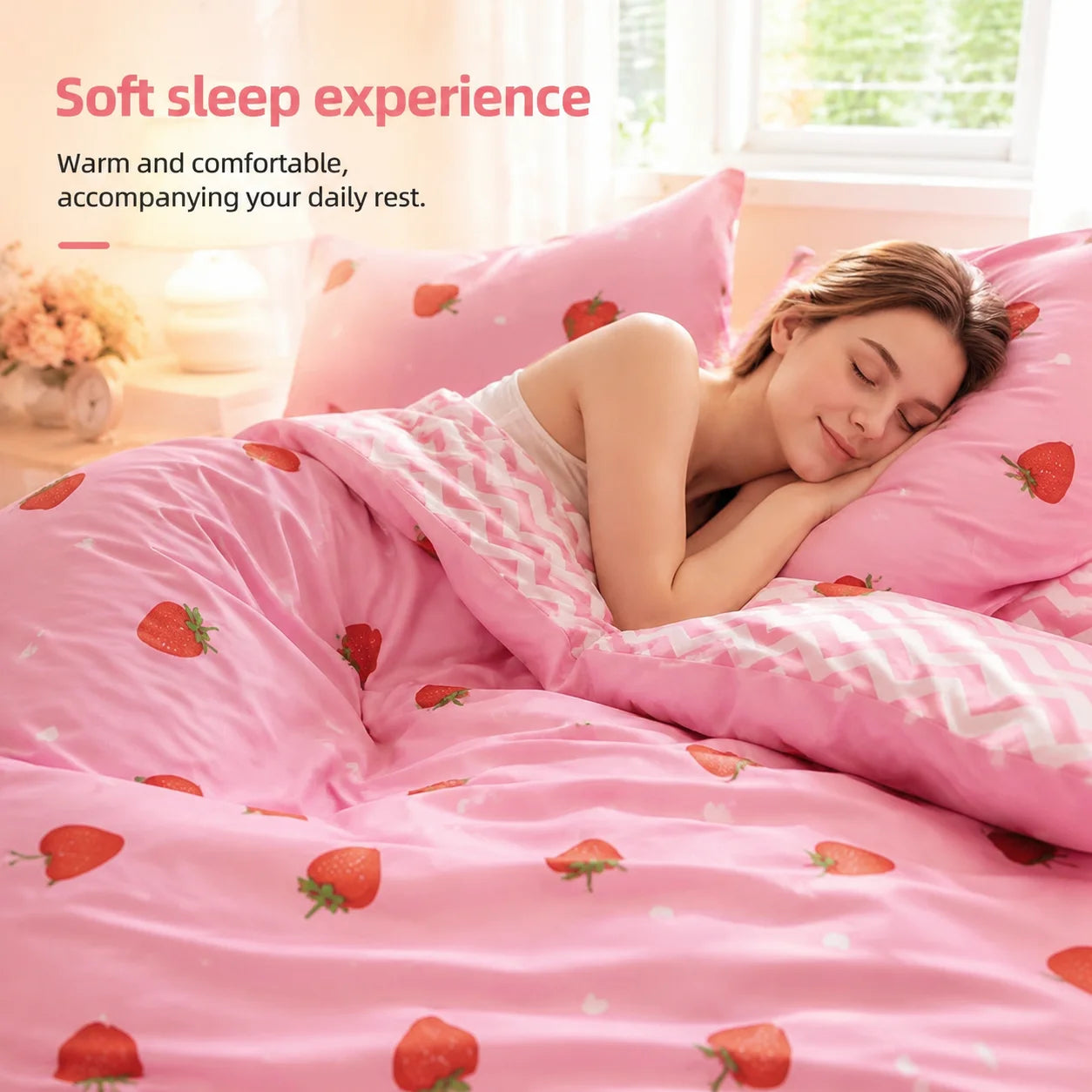 This Pink Strawberry Pattern Duvet Cover Set Is Soft, Comfortable, and Skin-Friendly A Cute and Adorable Bedding Set Suitable for Girls, Children, and Teenagers. The Soft Bedspread Includes Pillowcases. Available in Twin, Ful