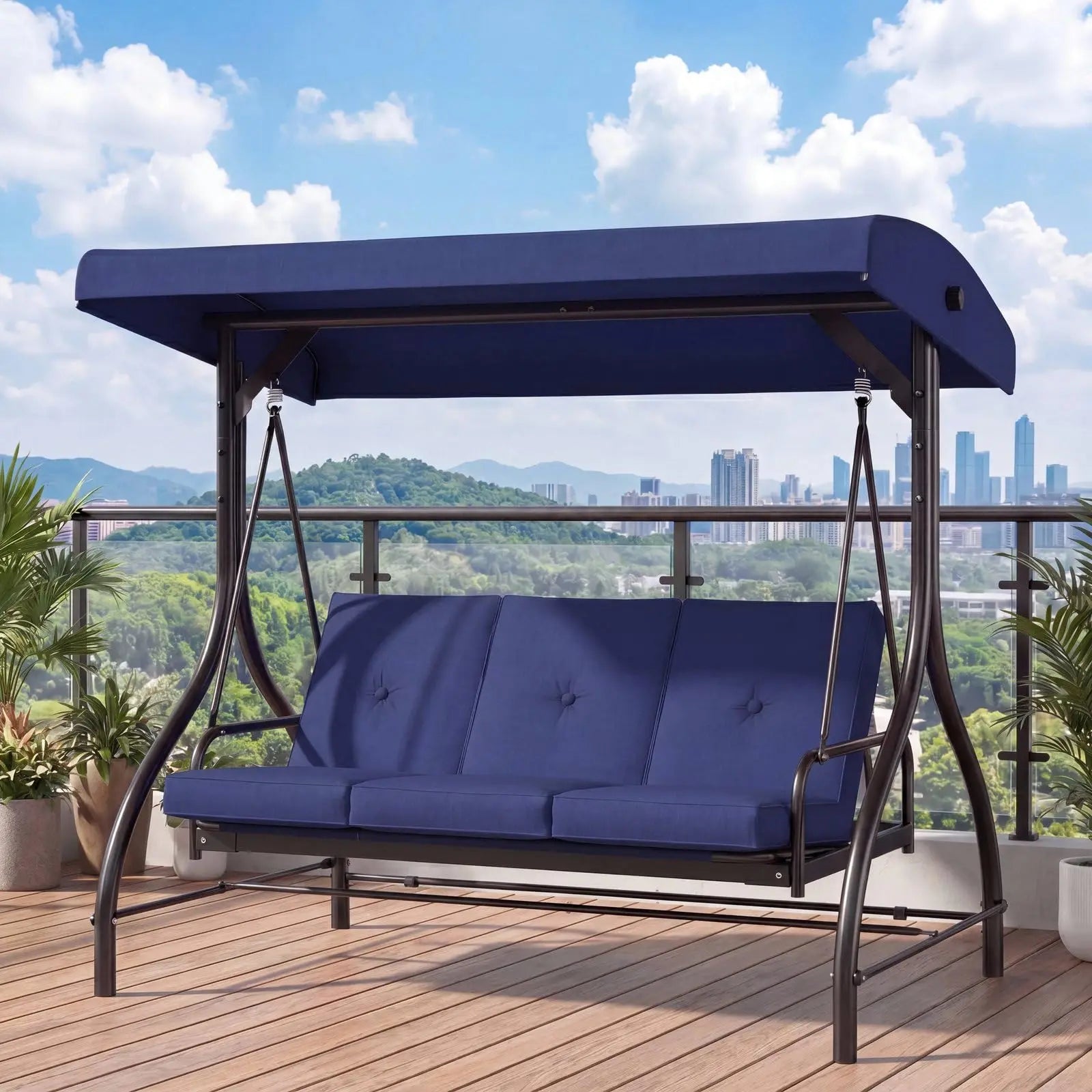 3-Seat Patio Swing,with Adjustable Canopy Backrest,Outdoor Porch Swing Chair for Adults,Outside Porch Converting Bed,Thickened Removable Cushions,Up to 750LBSfor Porch,Backyard,Courtyard,Garden,Patio,Balcony,Poolside