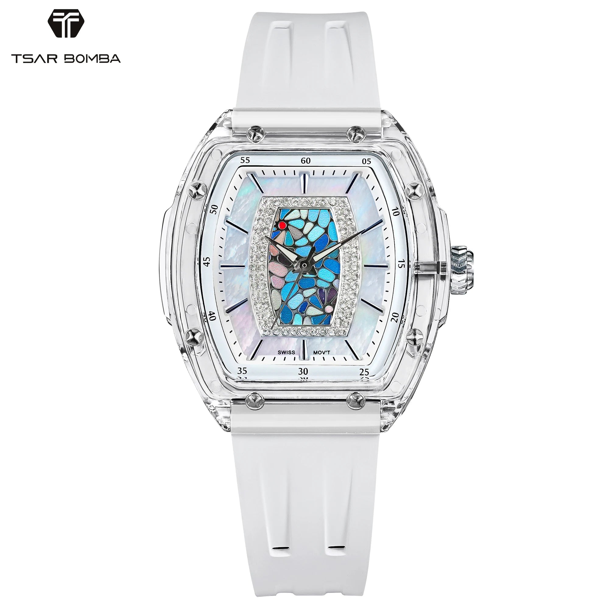 TSAR BOMBA Women’s Quartz Watch, Swiss Movement, Transparent Case, Zircon Dial, Comfortable Strap, Elegant Fashion Wristwatch