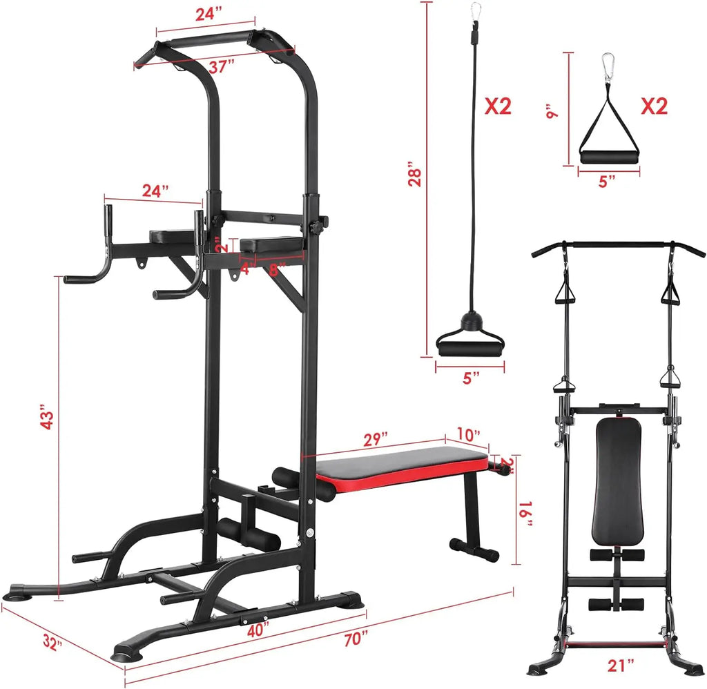 AOOU Power Tower with Bench, Pull Up Bar Stand Dip Station Adjustable Heights W/ Folding Bench