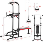AOOU Power Tower with Bench, Pull Up Bar Stand Dip Station Adjustable Heights W/ Folding Bench