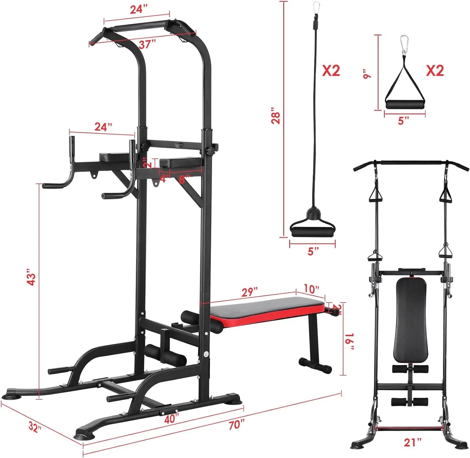 AOOU Power Tower with Bench, Pull Up Bar Stand Dip Station Adjustable Heights W/ Folding Bench
