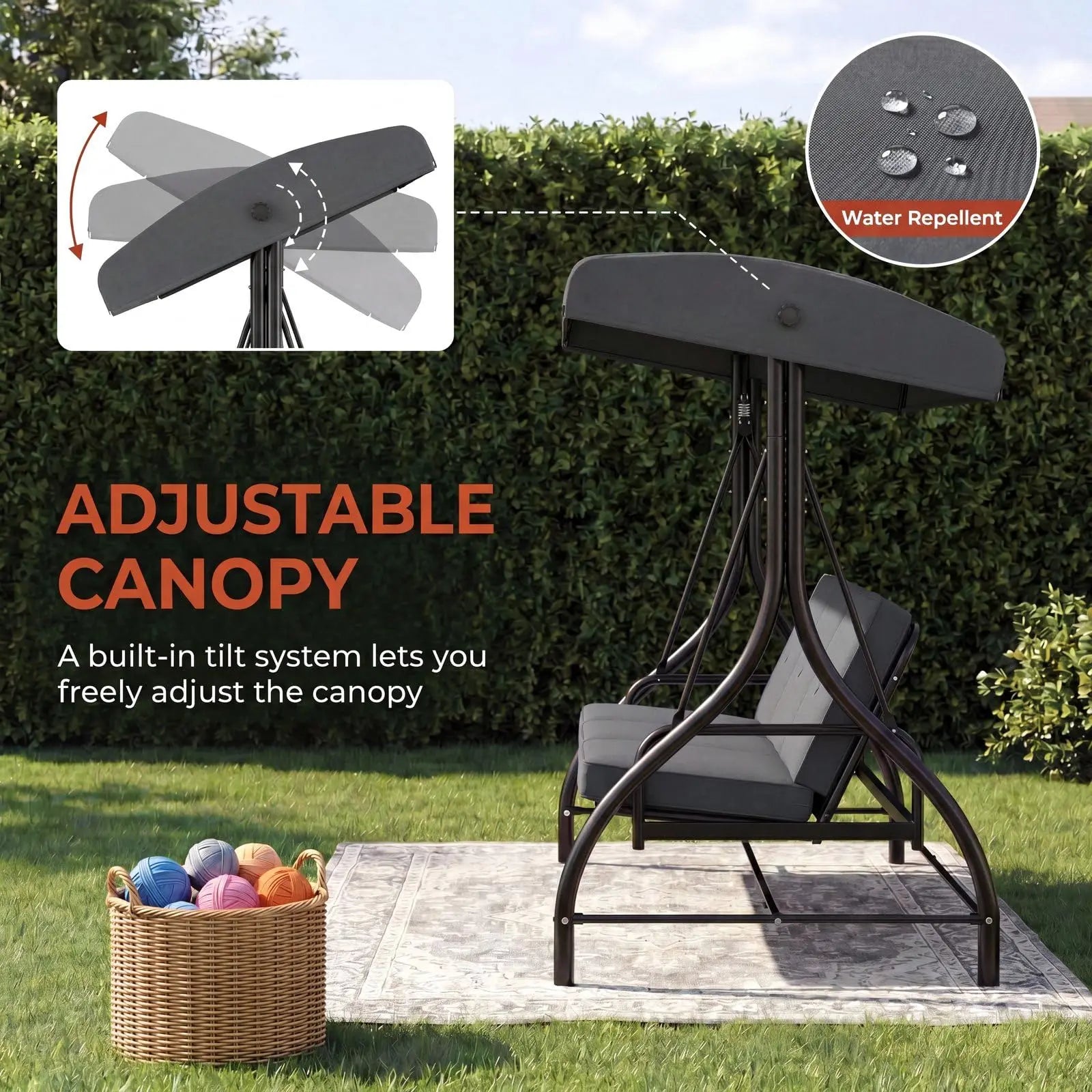 3-Seat Patio Swing,with Adjustable Canopy Backrest,Outdoor Porch Swing Chair for Adults,Outside Porch Converting Bed,Thickened Removable Cushions,Up to 750LBSfor Porch,Backyard,Courtyard,Garden,Patio,Balcony,Poolside