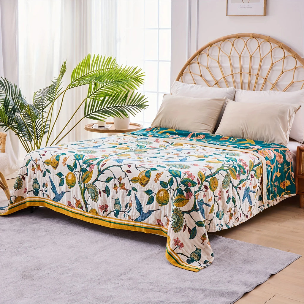 Boho Throw Blanket, 100% Cotton Soft Luxury Throw Rustic Quilt, Floral Printed Farmhouse Decor Bed Summer Blankets, All Season Rustic Reversible Bohemian Throw for Bed - Lemon