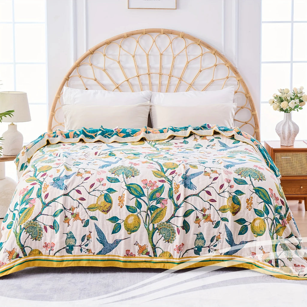 Boho Throw Blanket, 100% Cotton Soft Luxury Throw Rustic Quilt, Floral Printed Farmhouse Decor Bed Summer Blankets, All Season Rustic Reversible Bohemian Throw for Bed - Lemon