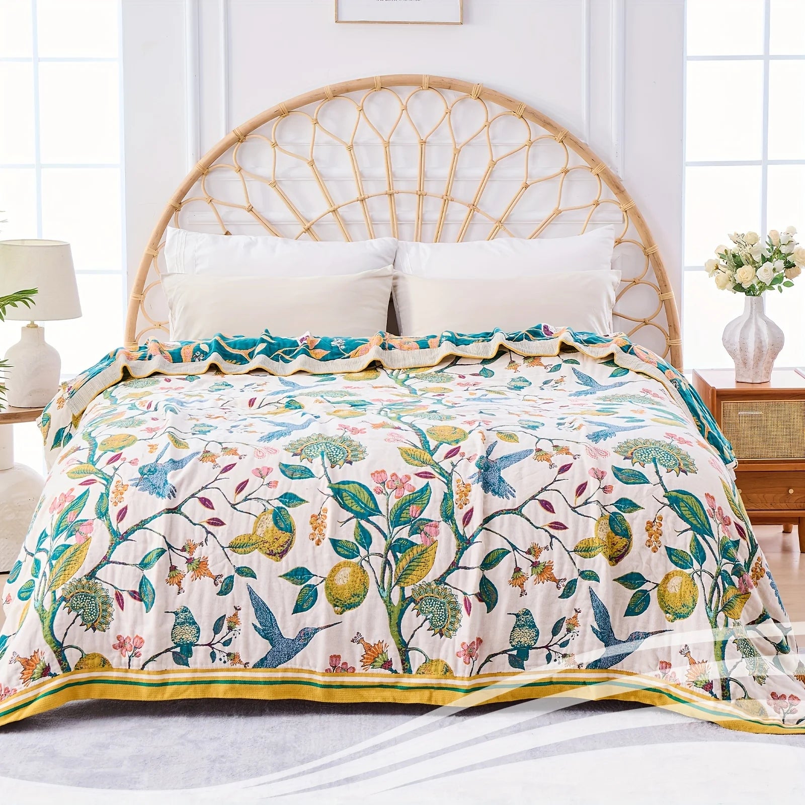Boho Throw Blanket, 100% Cotton Soft Luxury Throw Rustic Quilt, Floral Printed Farmhouse Decor Bed Summer Blankets, All Season Rustic Reversible Bohemian Throw for Bed - Lemon