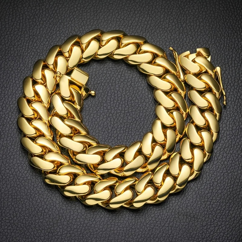 A Heavy Chain Necklace, Street Gang Cuban Style, Men'S 14K Gold Plated-Plated Necklace, 14Mm Wide And Thick, Trendy Hip-Hop Necklace, Perfect for Everyday Wear And an Excellent Gift Choice