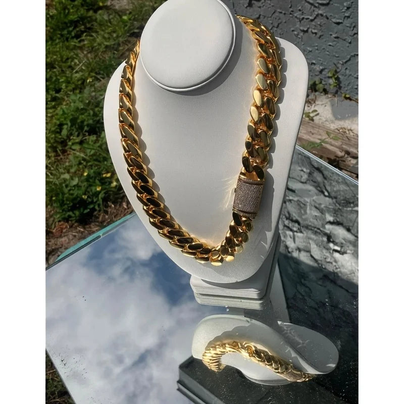 Men'S Heavy Duty 15Mm Miami Cuban Chain - 18K Gold Plated, Mossanite Box Clasp, Link Cuban Link, Hip Hop Jewelry Gift for Valentine'S Day, St. Patrick'S, Ramadan, Carnival