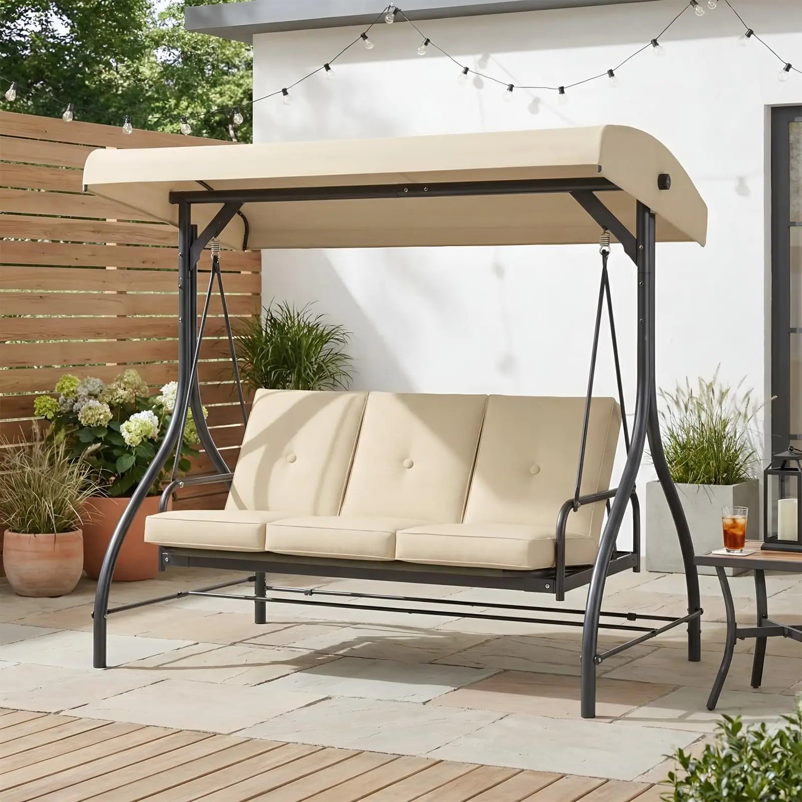 3-Seat Patio Swing,with Adjustable Canopy Backrest,Outdoor Porch Swing Chair for Adults,Outside Porch Converting Bed,Thickened Removable Cushions,Up to 750LBSfor Porch,Backyard,Courtyard,Garden,Patio,Balcony,Poolside