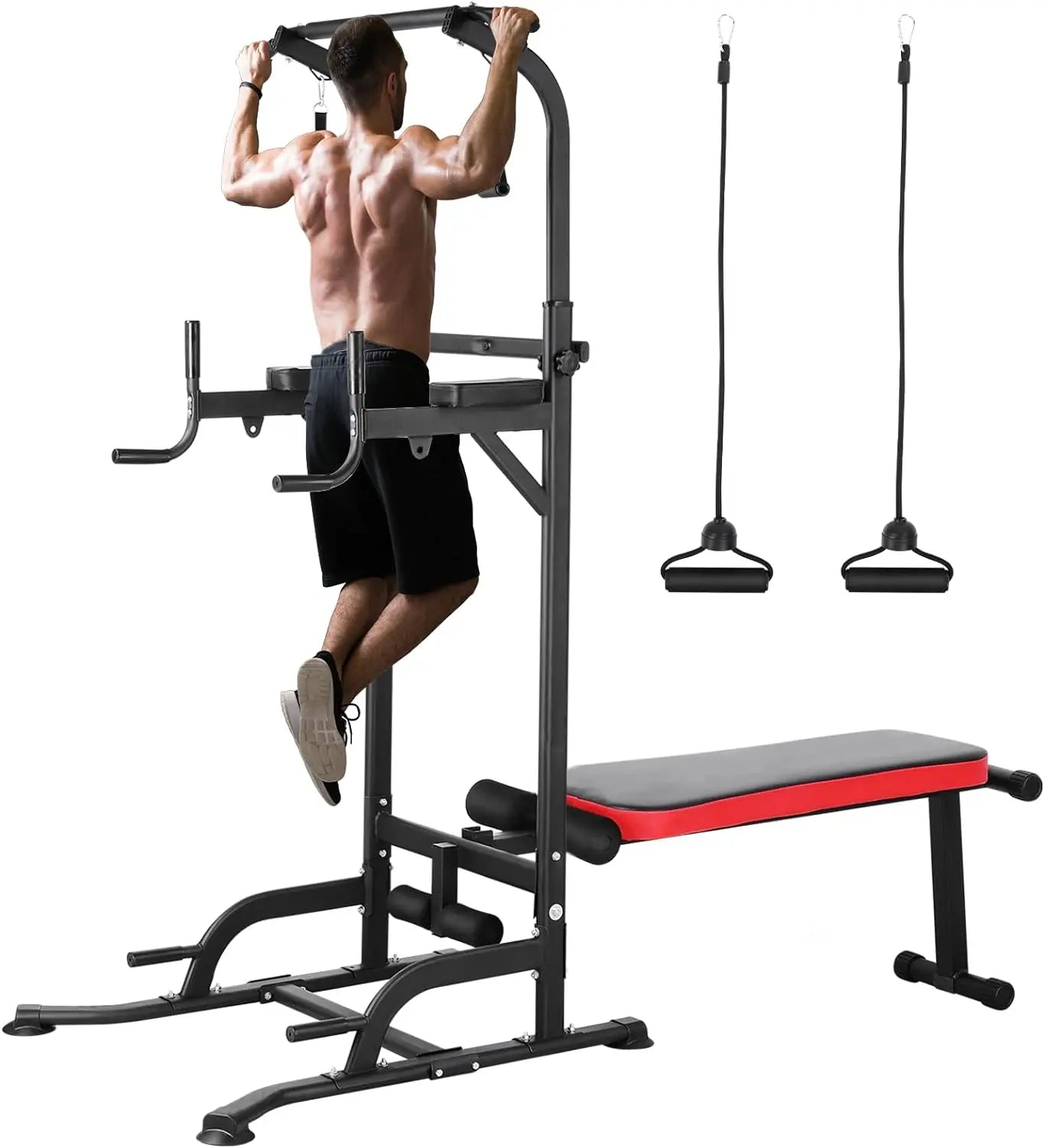 AOOU Power Tower with Bench, Pull Up Bar Stand Dip Station Adjustable Heights W/ Folding Bench