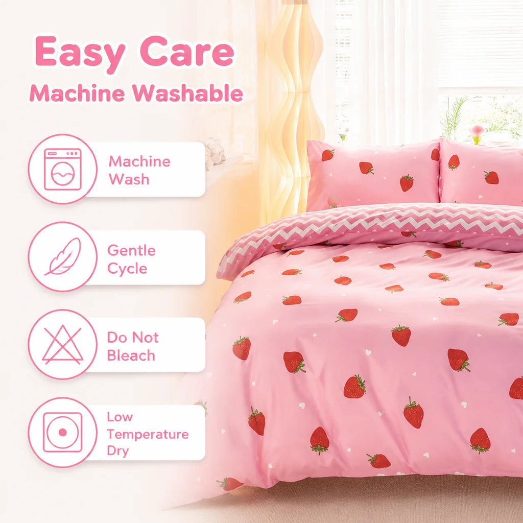 This Pink Strawberry Pattern Duvet Cover Set Is Soft, Comfortable, and Skin-Friendly A Cute and Adorable Bedding Set Suitable for Girls, Children, and Teenagers. The Soft Bedspread Includes Pillowcases. Available in Twin, Ful