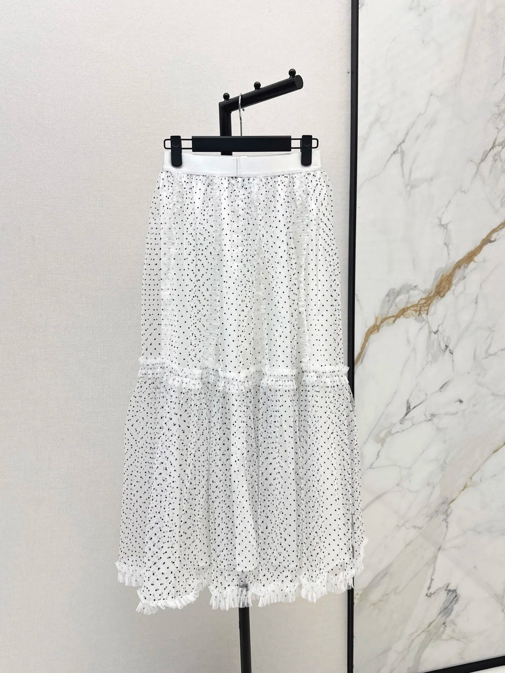 2026 Summer New Women Black White Polka Dot Tulle Midi Skirt Contrast Color Ruffle Mesh Long Skirt