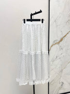 2026 Summer New Women Black White Polka Dot Tulle Midi Skirt Contrast Color Ruffle Mesh Long Skirt