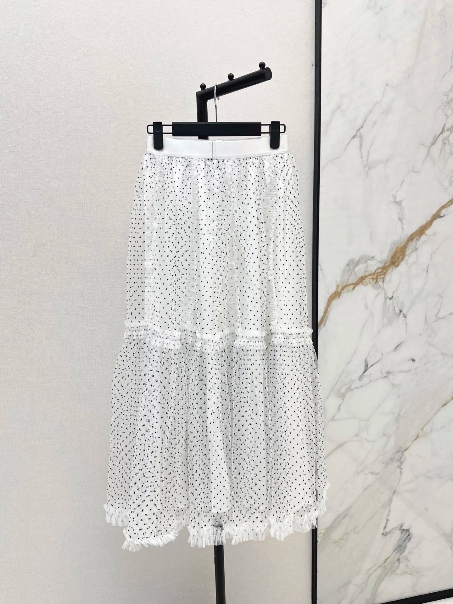 2026 Summer New Women Black White Polka Dot Tulle Midi Skirt Contrast Color Ruffle Mesh Long Skirt
