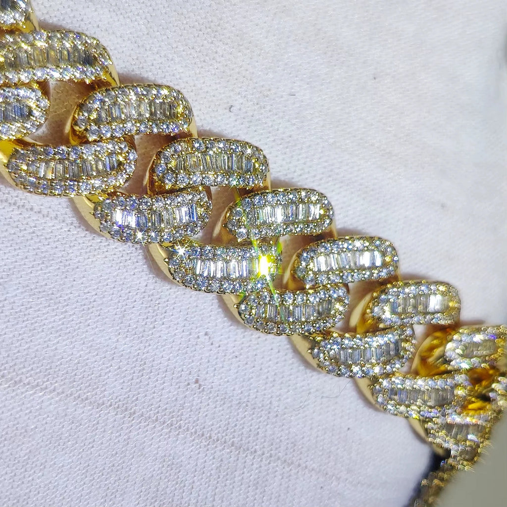 15mm Iced Out Cuban Link Chain 5A+ Baguette Cubic Zirconia Silver/Gold Plated Bling CZ Necklace Hip Hop Rapper Luxury Jewelry