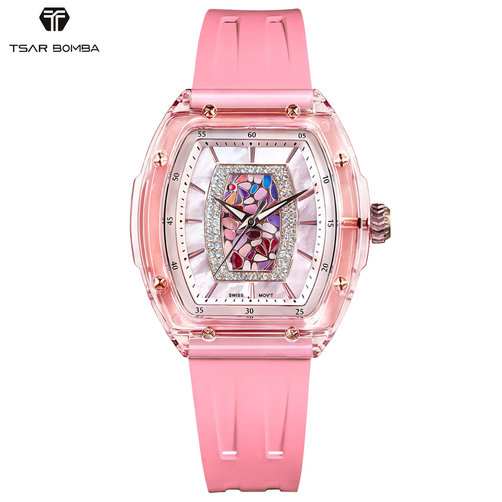 TSAR BOMBA Women’s Quartz Watch, Swiss Movement, Transparent Case, Zircon Dial, Comfortable Strap, Elegant Fashion Wristwatch