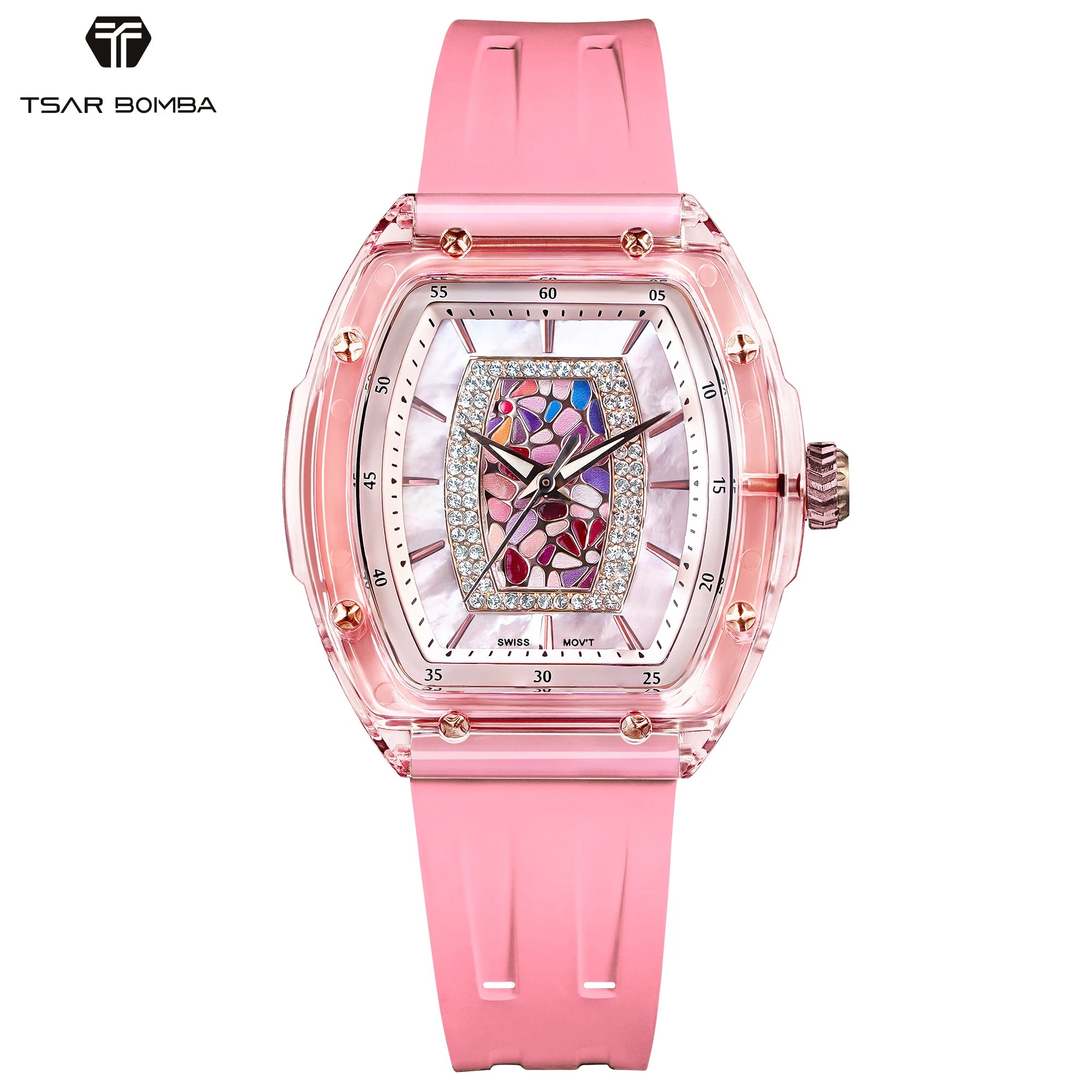 TSAR BOMBA Women’s Quartz Watch, Swiss Movement, Transparent Case, Zircon Dial, Comfortable Strap, Elegant Fashion Wristwatch