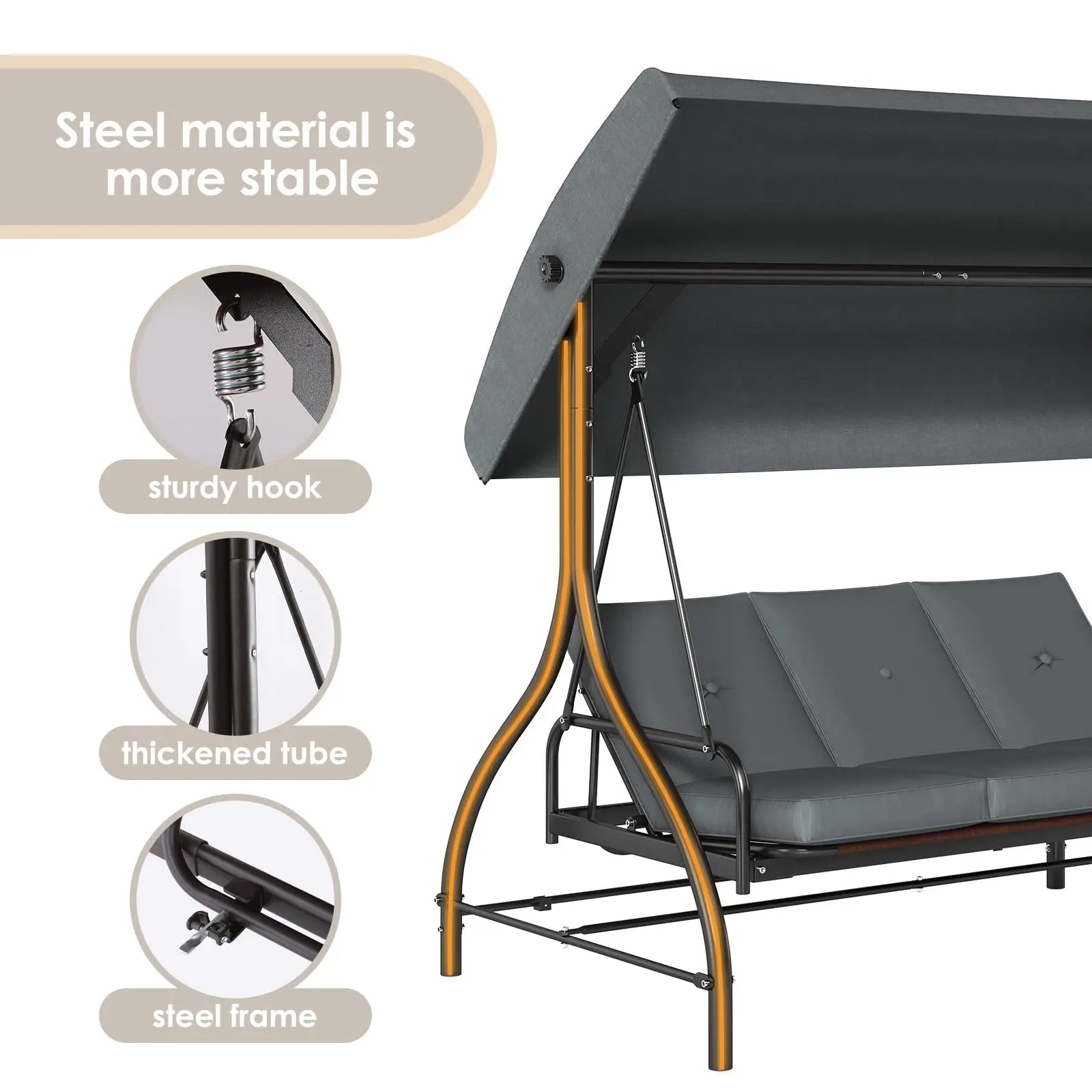 3-Seat Patio Swing,with Adjustable Canopy Backrest,Outdoor Porch Swing Chair for Adults,Outside Porch Converting Bed,Thickened Removable Cushions,Up to 750LBSfor Porch,Backyard,Courtyard,Garden,Patio,Balcony,Poolside