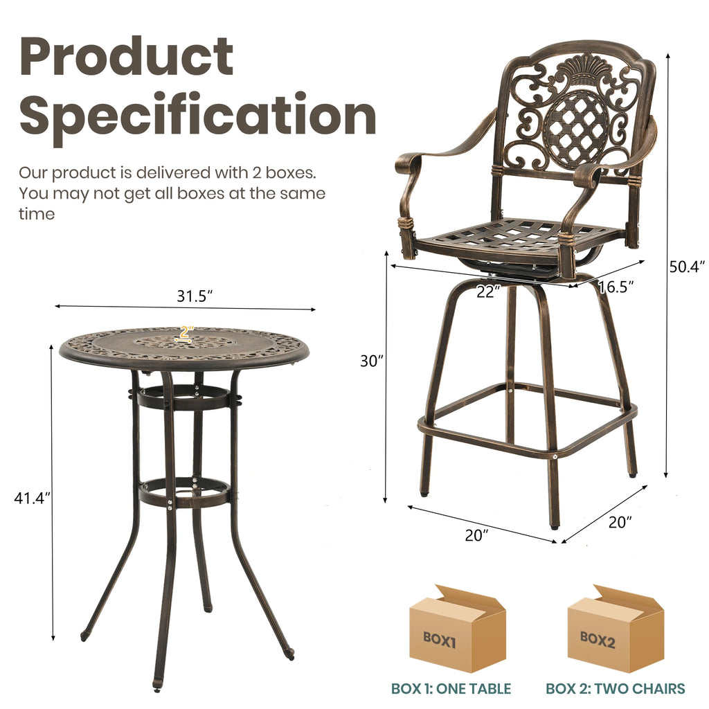 Rustproof Cast Aluminum Outdoor Bistro Set 3-Piece Patio Furniture with Swivel Chairs And round Table for Garden