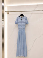 2026 Women Dress Elegant Wave Ruffle Hollow Short Sleeve High Waist Pleated Flowy Knit Maxi Outfit