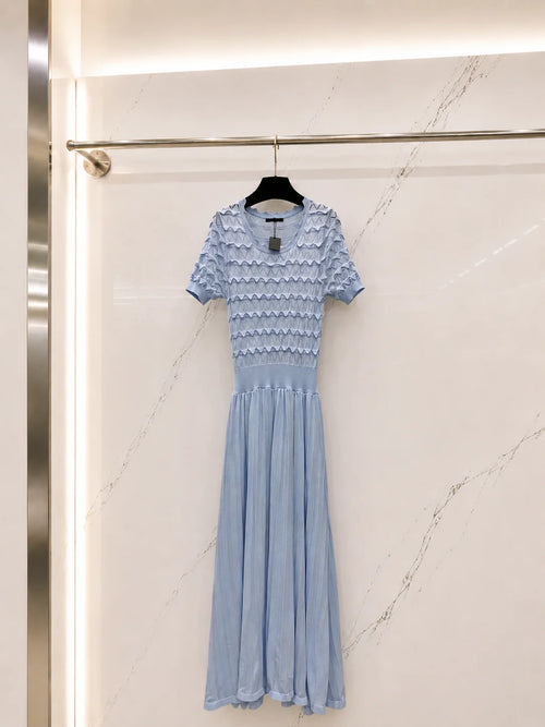 2026 Women Dress Elegant Wave Ruffle Hollow Short Sleeve High Waist Pleated Flowy Knit Maxi Outfit