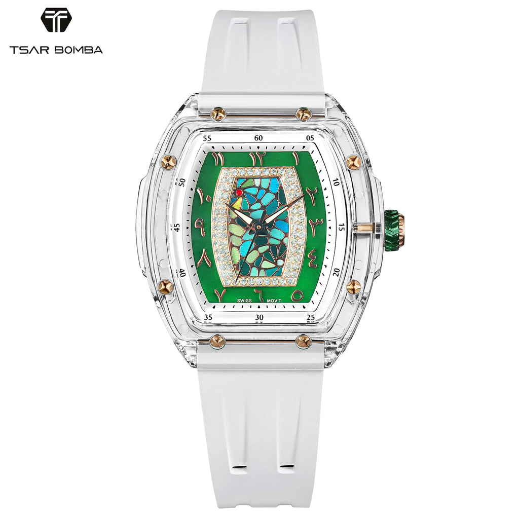 TSAR BOMBA Women’s Quartz Watch, Swiss Movement, Transparent Case, Zircon Dial, Comfortable Strap, Elegant Fashion Wristwatch