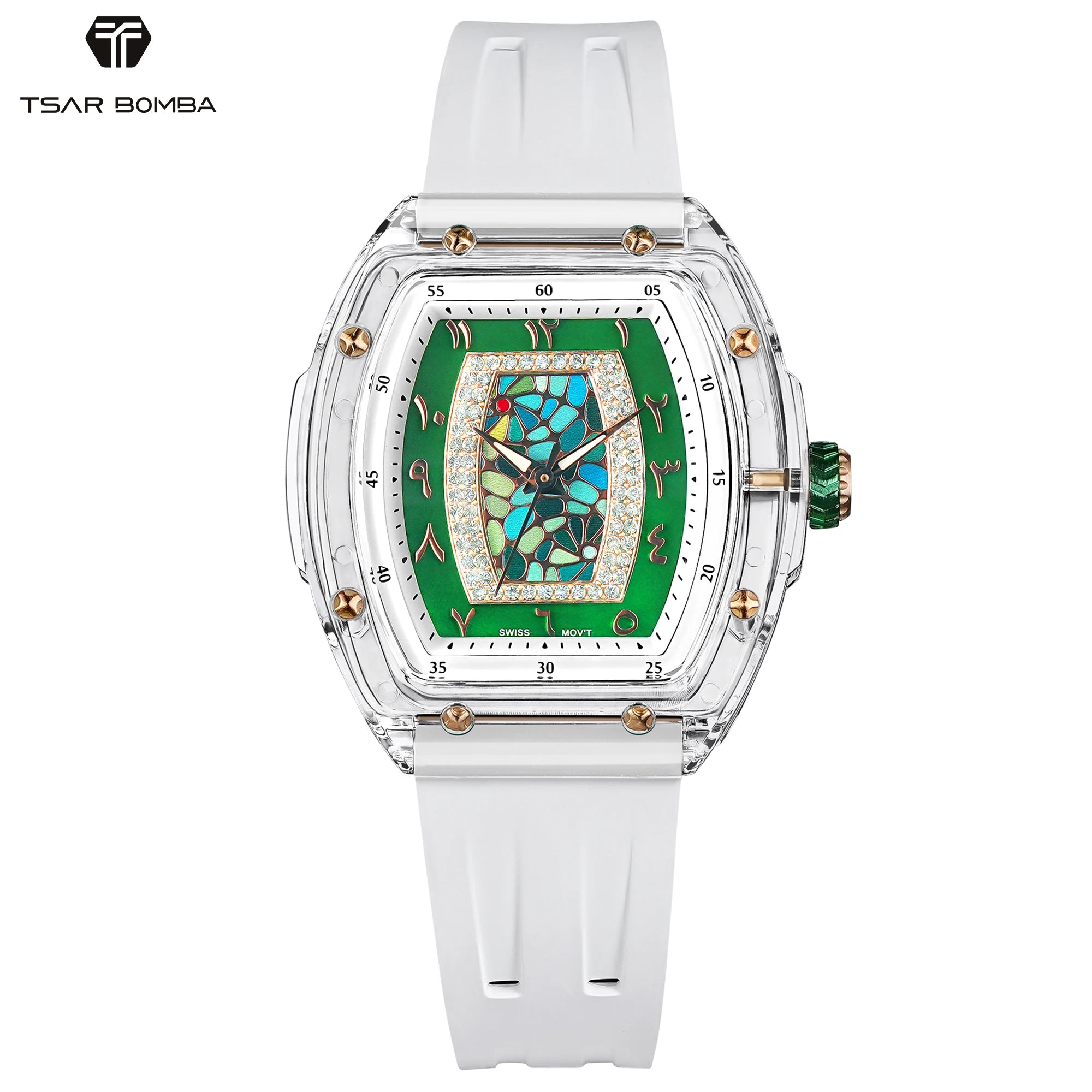 TSAR BOMBA Women’s Quartz Watch, Swiss Movement, Transparent Case, Zircon Dial, Comfortable Strap, Elegant Fashion Wristwatch