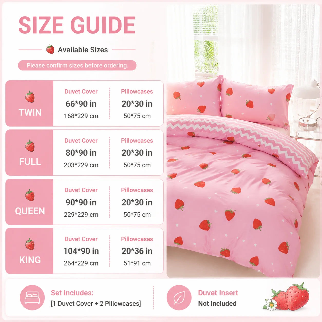 This Pink Strawberry Pattern Duvet Cover Set Is Soft, Comfortable, and Skin-Friendly A Cute and Adorable Bedding Set Suitable for Girls, Children, and Teenagers. The Soft Bedspread Includes Pillowcases. Available in Twin, Ful