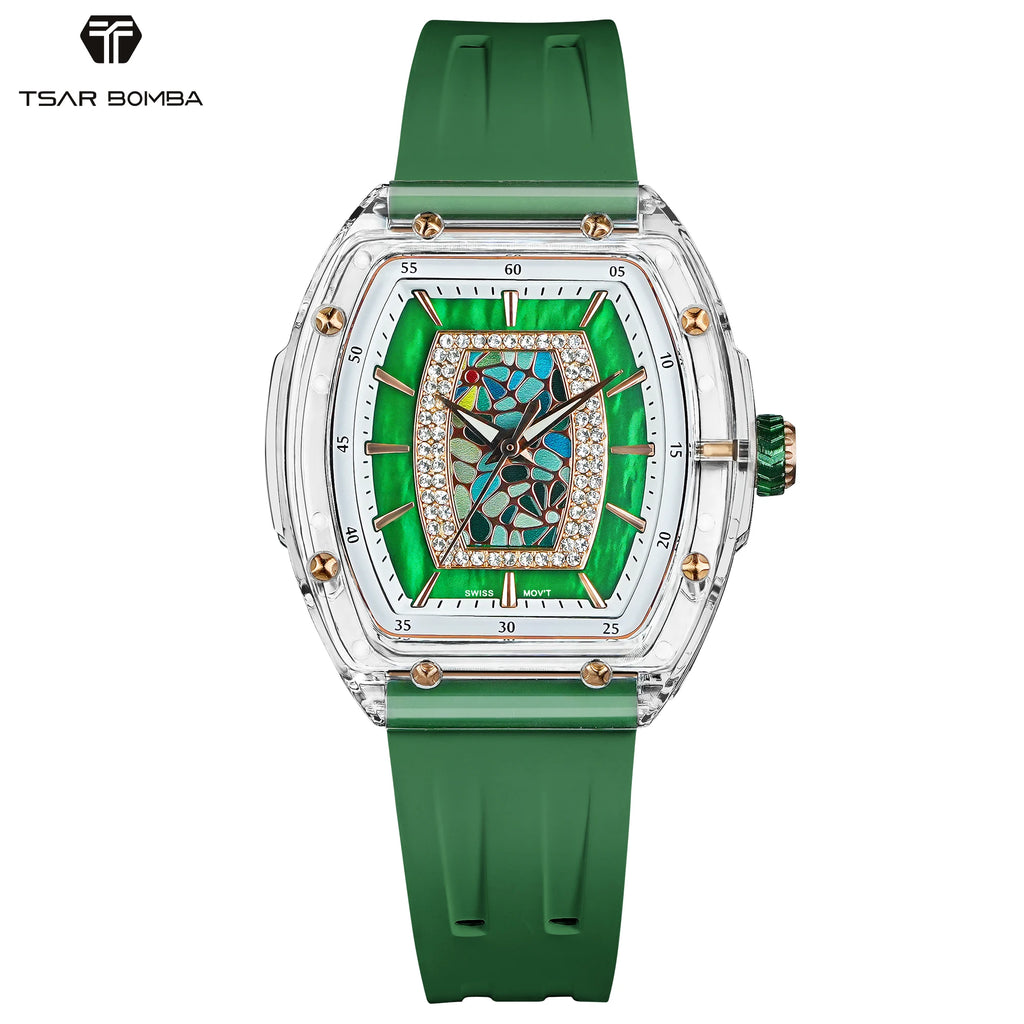 TSAR BOMBA Women’s Quartz Watch, Swiss Movement, Transparent Case, Zircon Dial, Comfortable Strap, Elegant Fashion Wristwatch