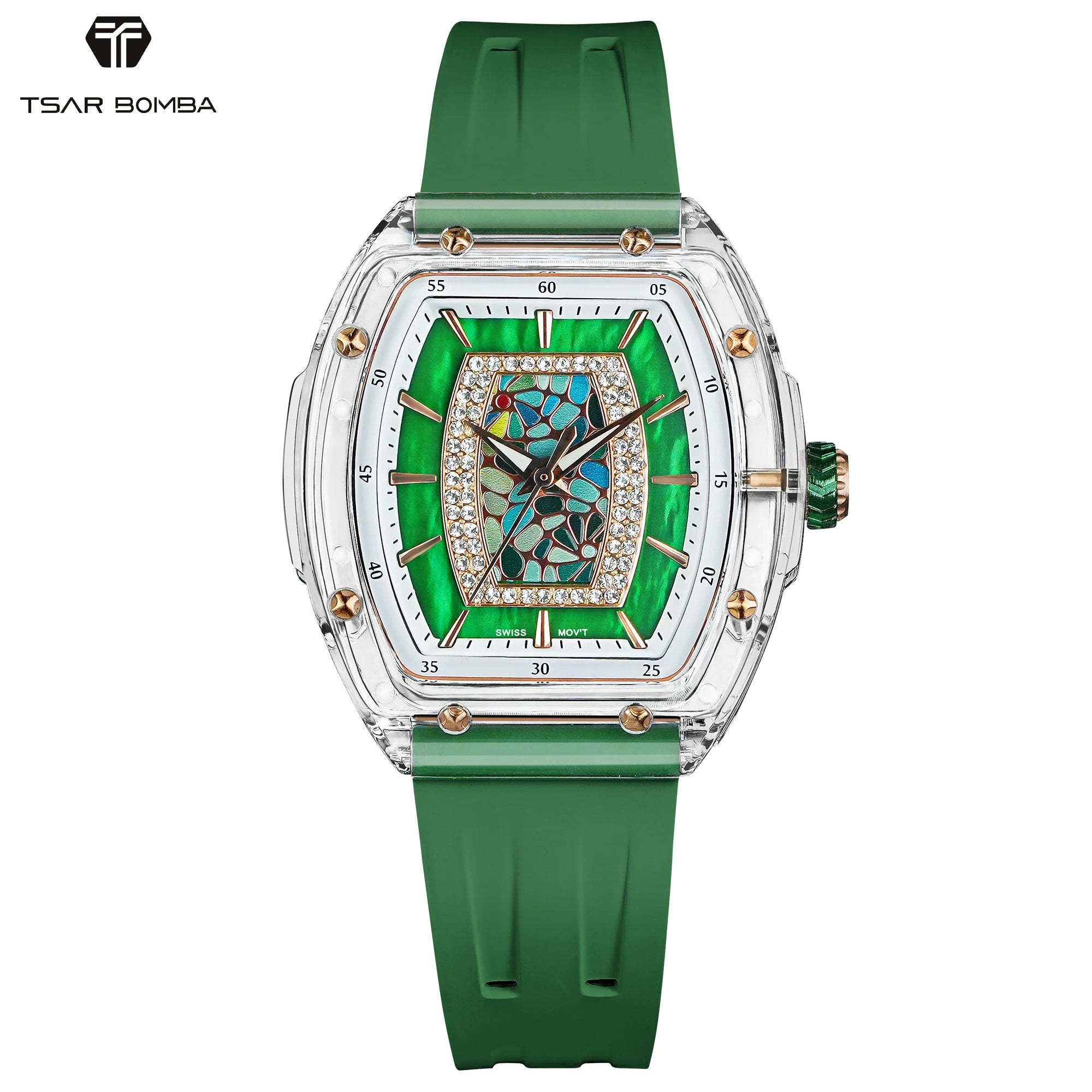 TSAR BOMBA Women’s Quartz Watch, Swiss Movement, Transparent Case, Zircon Dial, Comfortable Strap, Elegant Fashion Wristwatch