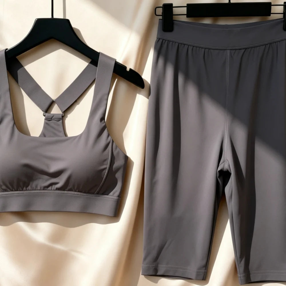 2026 White Sports Bra and Biker Shorts Set Women Adjustable Strap High Waist Tummy Control Yoga Outfit 042