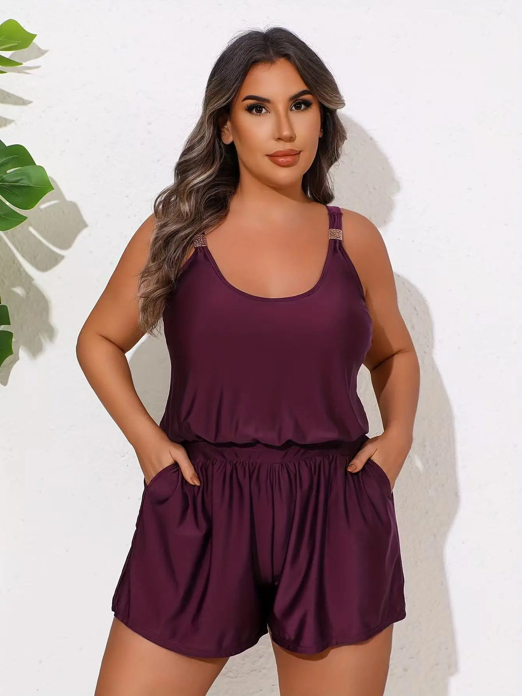Plus Size One Piece Romper Swimsuit Adjustable Straps Pocket Shorts Tummy Control Women Conservative Burgundy Bathing Suit Beach Swimwear