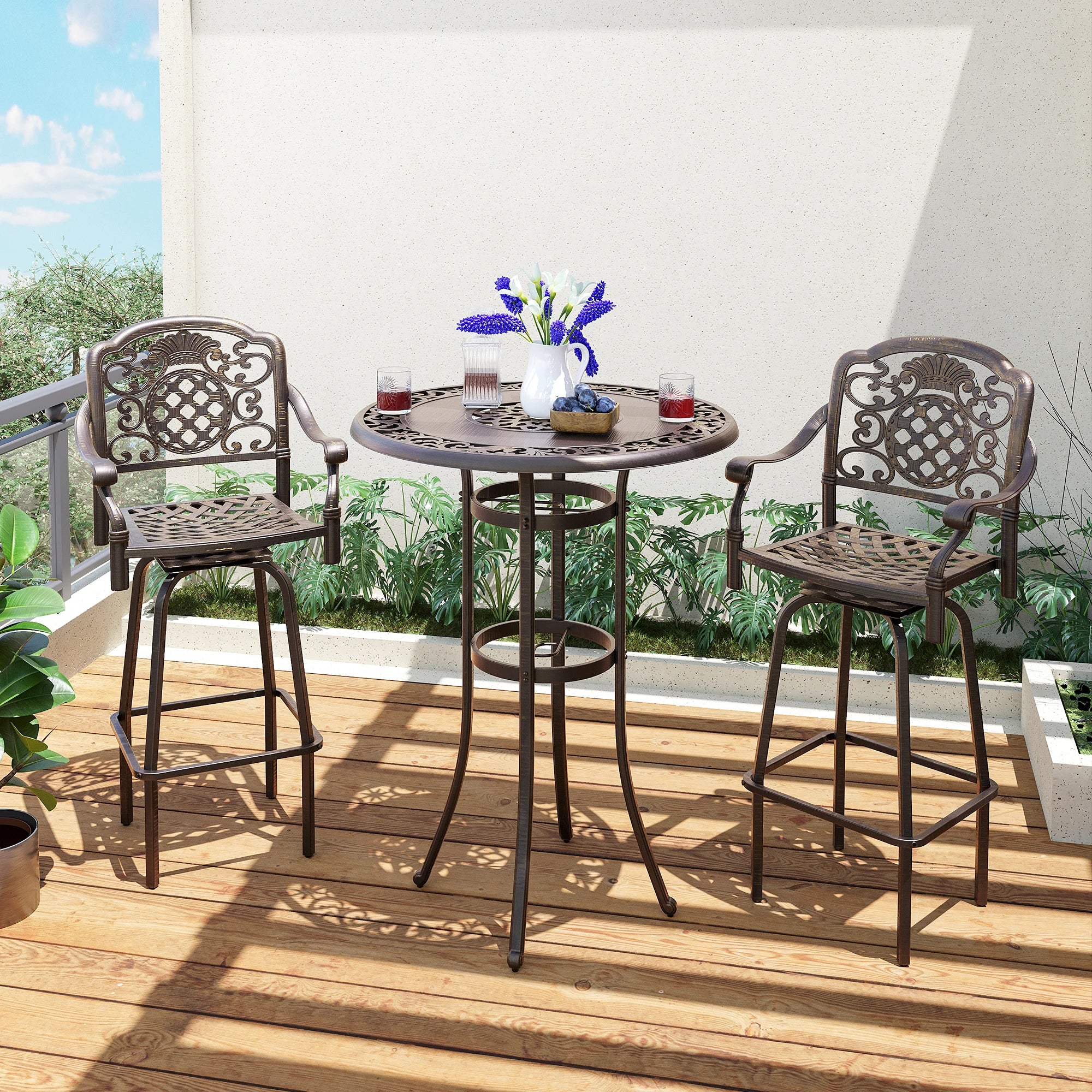 Rustproof Cast Aluminum Outdoor Bistro Set 3-Piece Patio Furniture with Swivel Chairs And round Table for Garden