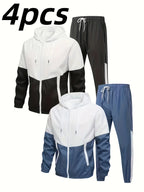 4-piece men's sportswear, stylish two tone hooded jacket and jogging pants with pockets, long sleeves, and drawstring