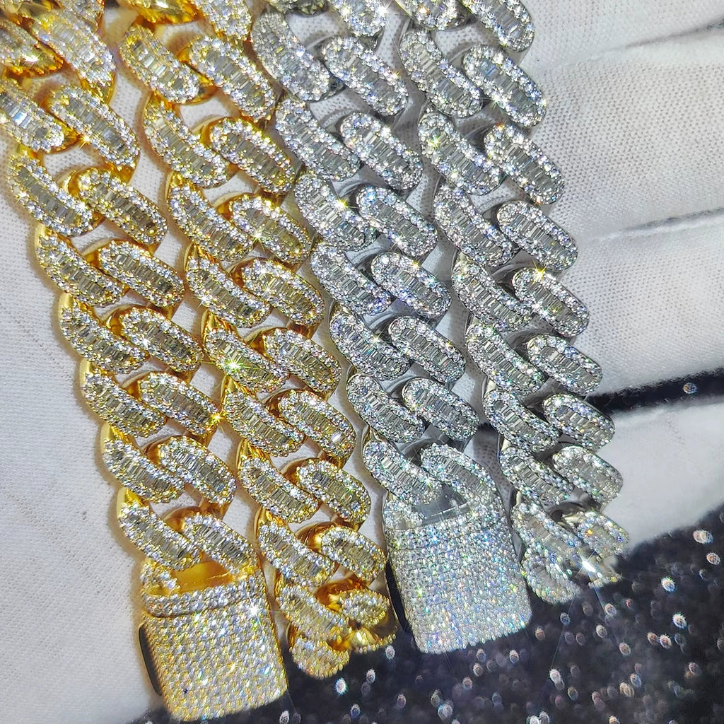 15mm Iced Out Cuban Link Chain 5A+ Baguette Cubic Zirconia Silver/Gold Plated Bling CZ Necklace Hip Hop Rapper Luxury Jewelry