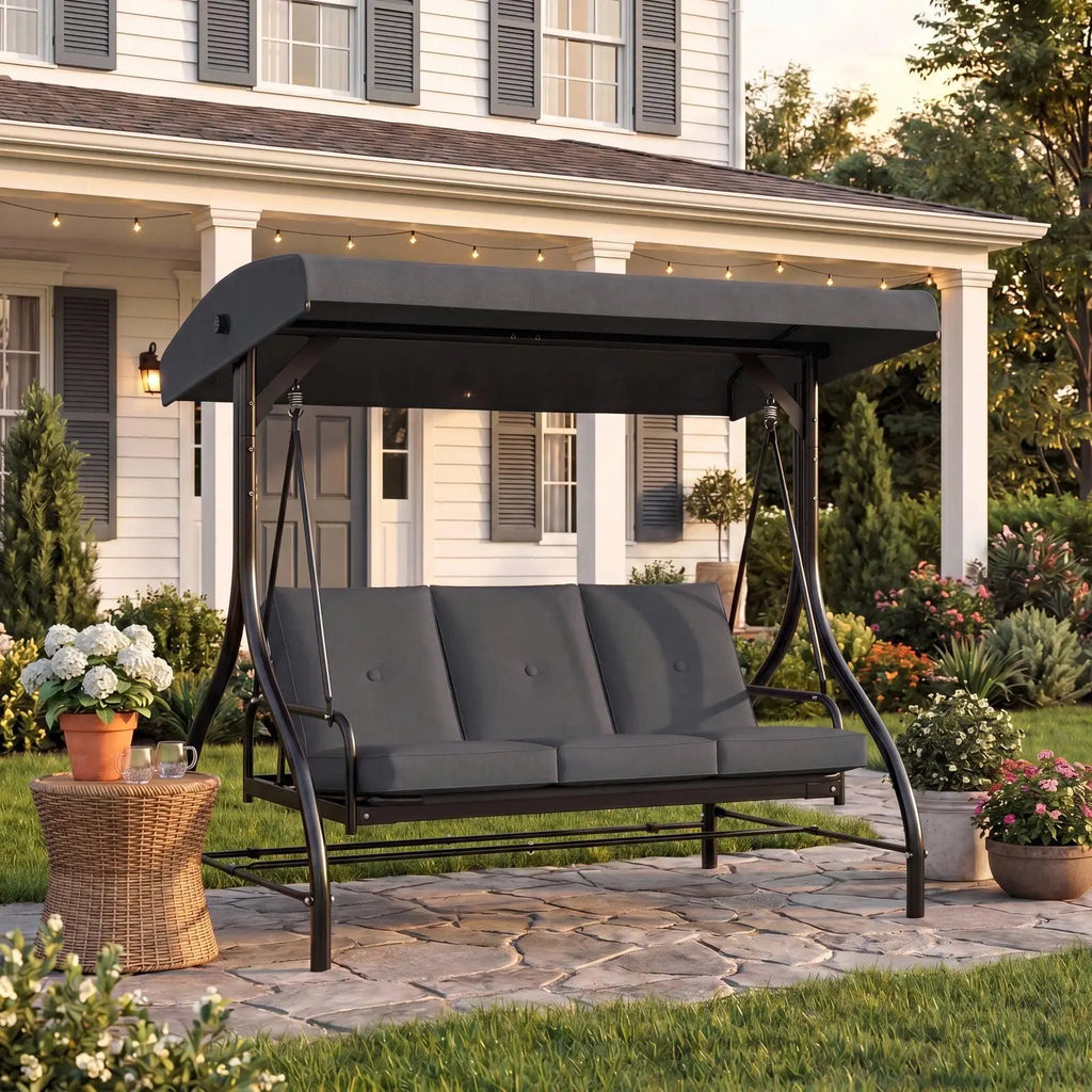3-Seat Patio Swing,with Adjustable Canopy Backrest,Outdoor Porch Swing Chair for Adults,Outside Porch Converting Bed,Thickened Removable Cushions,Up to 750LBSfor Porch,Backyard,Courtyard,Garden,Patio,Balcony,Poolside