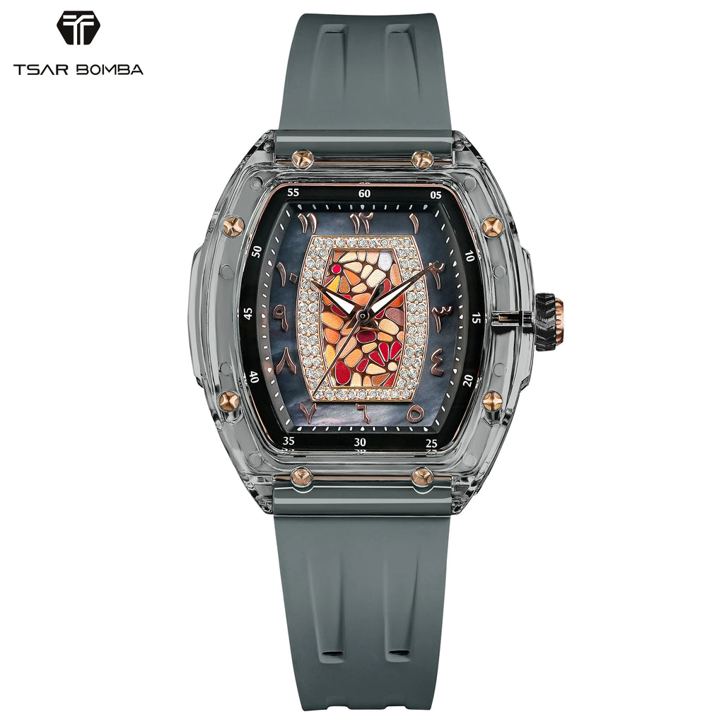 TSAR BOMBA Women’s Quartz Watch, Swiss Movement, Transparent Case, Zircon Dial, Comfortable Strap, Elegant Fashion Wristwatch