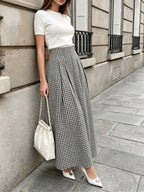 Pariaura 1960s Vintage Black And White Checkered High Waist Maxi Skirt,Summer Holiday Vacation Elegant Pleated A-Line Hem Draped French Gingham Chic Skirt